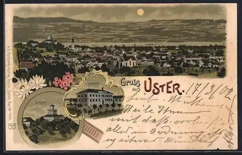 Lithographie Uster, Schloss, Schulhaus, Ortsansicht im Mondschein