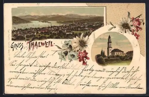 Lithographie Thalweil, Kirche, Ortsansicht mit Blick ins Land