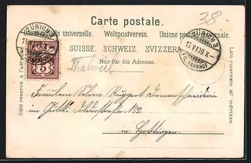 Lithographie Thalweil, Kirche, Ortsansicht mit Blick ins Land