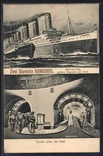 AK Hamburg, Passagierschiff Imperator, grösster Dampfer der Welt, Elbtunnel