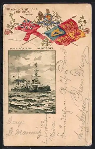 Lithographie Kriegsschiff H.M.S. Powerful, Flaggen