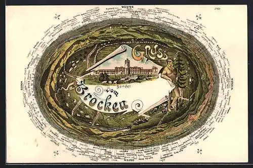 Lithographie Brocken, das Brocken-Hotel, eine Landkarte der Umgebung