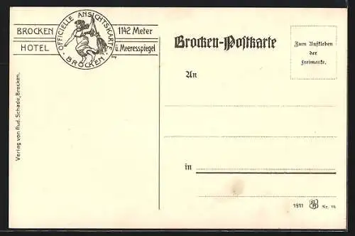 Lithographie Brocken, das Brocken-Hotel, eine Landkarte der Umgebung