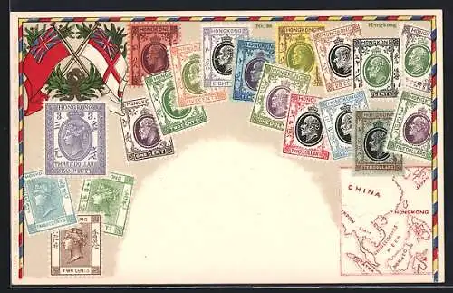 AK Briefmarken und Fahnen Hongkongs, Landkarte