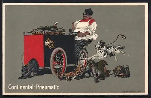 AK Continental-Pneumatic, Reklame, Wurstlieferant mit Lastenrad und Hunde