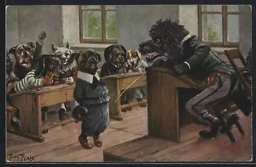 Künstler-AK Arthur Thiele: Dackel in der Hundeschule