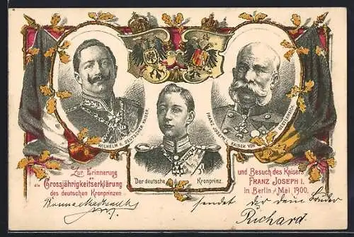 AK Kaiser Franz Josef I. von Österreich, Kaiser Wilhelm II., Grossjährigkeit des Kronprinzen im Mai 1900