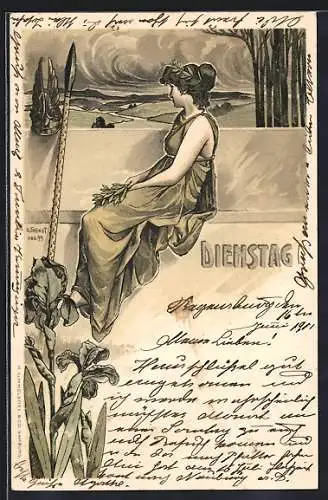 Künstler-AK H. Fründt: Dienstag, junge Frau im grünen Kleid, Allegorie
