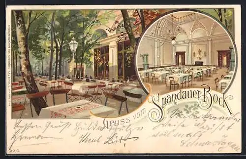 Lithographie Berlin-Charlottenburg, Gasthaus Spandauer Bock, Innen- und Aussenansicht