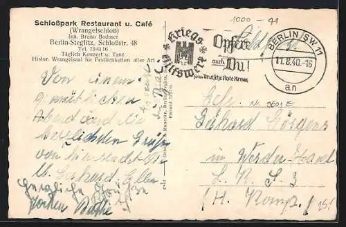 AK Berlin-Steglitz, Schlosspark-Restaurant und Café v. Bruno Bodmer mit Innen- und Gartenansicht, Schlossstrasse 48