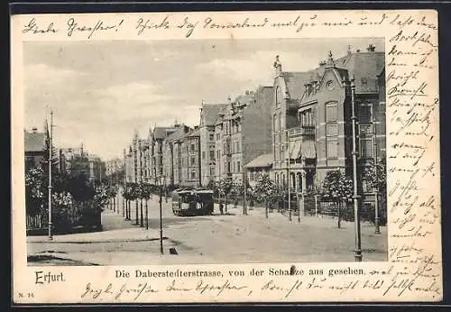 AK Erfurt, Strassenbahnen in der Daberstedterstrasse, von der Schanze aus gesehen