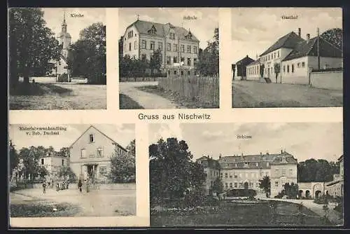 AK Nischwitz / Wurzen, Materialwarenhandlung v. Rob. Dachsel, Gasthof, Kirche, Schule, Schloss