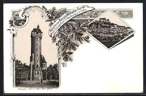 Lithographie Marburg a. d. Lahn, Kaiser Wilhelm-Turm, Ortsansicht