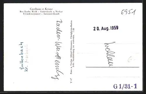 AK Guttenbach a. Neckar, Gasthaus zur Krone v. Ludw. Weiss, Staustufe, Totalansicht