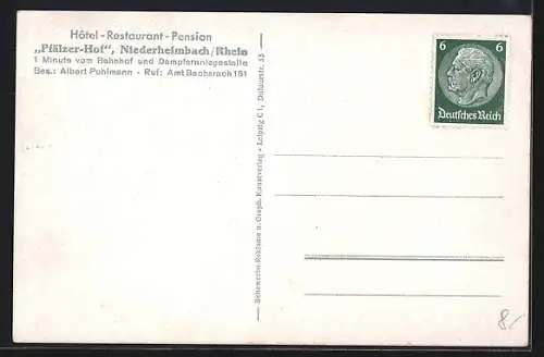 AK Niederheimbach / Rhein, Hotel Pfälzer Hof v. A. Puhlmann