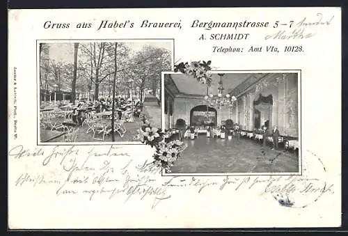 AK Berlin-Kreuzberg, Gasthaus Habel`s Brauerei v. A. Schmidt, Innen-und Gartenansicht, Bergmannstrasse 5-7