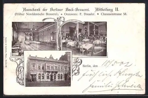 AK Berlin, Restaurant mit Ausschank der Bock-Brauerei v. F. Dressler, Innenansichten, Chausseestrasse 58