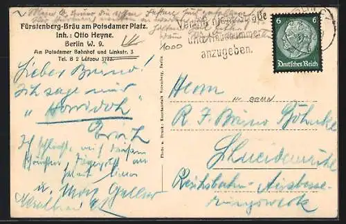 AK Berlin, Restaurant Fürstenberg-Bräu v. Otto Heyne, Linkstrasse 3 und Potsdamer Bahnhof