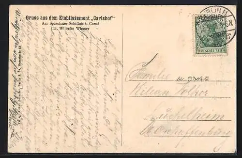 AK Berlin-Spandau, Gasthaus-Etablissement Carlshof v. Wilhelm Wiemer am Schiffahrts-Kanal