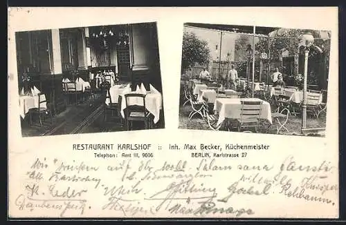 AK Berlin, Restaurant Karlshof v. Max Becker, Innen- und Gartenansicht, Karlstrasse 27