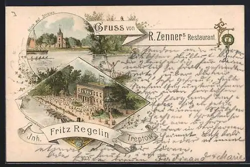 Lithographie Berlin-Treptow, R. Zenner`s Restaurant v. Fritz Regelin, Blick auf Stralau