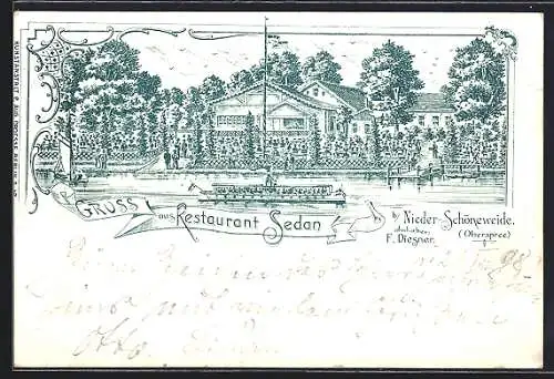 Lithographie Berlin-Nieder-Schöneweide /Oberspree, Das Restaurant Sedan v. F. Diegner