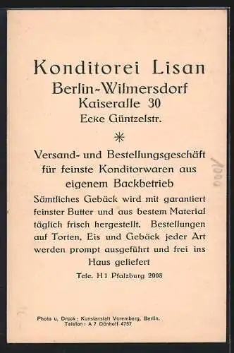 AK Berlin-Wilmersdorf, Conditorei u. Café Lisan, Kaiserallee 30, Ecke Güntzelstrasse