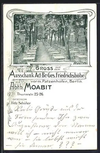 AK Berlin-Moabit, Restaurant der Act. Br. Ges. Friedrichsshöhe, Turmstrasse 25-26, Fritz Schüler