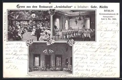 Passepartout-AK Berlin, Restaurant Arminhallen Gebr. Mielitz, Kommandantenstrasse 20, Garten- und Innenansichten