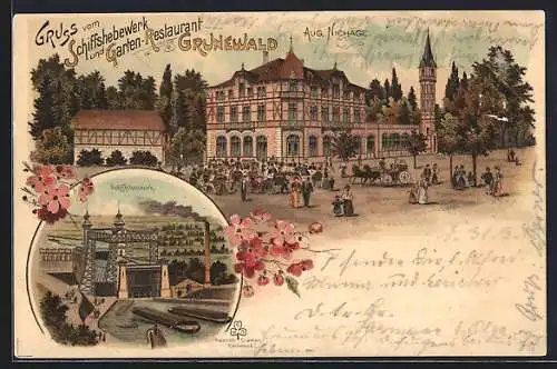 Lithographie Waltrop, Schiffshebewerk und Garten-Restaurant Grunewald