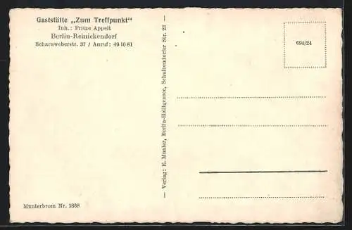 AK Berlin-Reinickendorf, Gaststätte Zum Treffpunkt, Scharnweberstrasse 37, Innenansicht