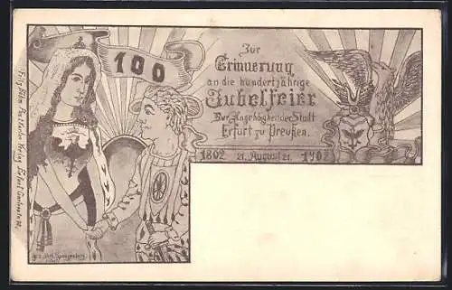 Künstler-AK Erfurt, Festpostkarte zum 100. Jubiläum der Zugehörigkeit zum Staat Preussen 1902, Wappen