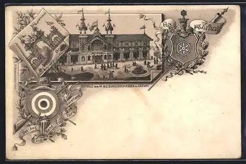 Lithographie Erfurt, XIII. M. D. Bundesschiessen, Festhalle und Haupteingang