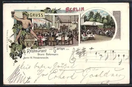 Lithographie Berlin-Tiergarten, Restaurant und Garten von Bruno Bettermann, Potsdamerstrasse 54