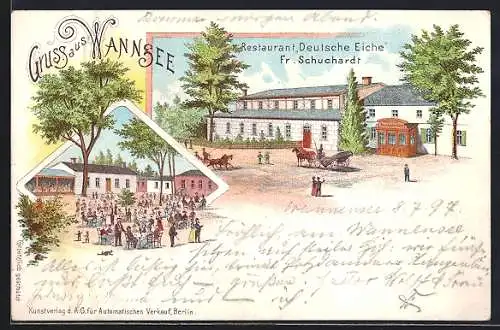 Lithographie Berlin-Wannsee, Gasthaus Deutsche Eiche v. F. Schuchardt mit Gartenlokal, Pferdekutsche