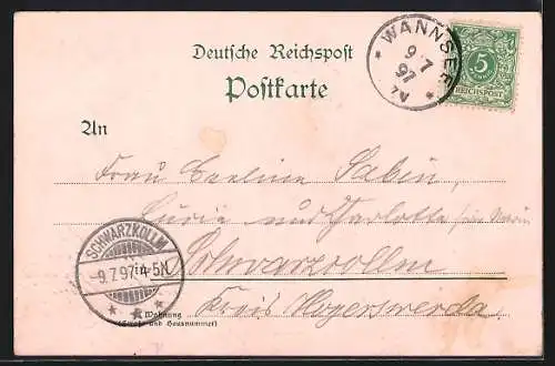 Lithographie Berlin-Wannsee, Gasthaus Deutsche Eiche v. F. Schuchardt mit Gartenlokal, Pferdekutsche