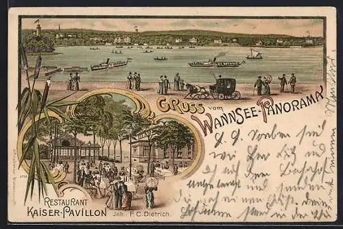 Lithographie Berlin-Wannsee, Restaurant Kaiser-Pavillon, Inh. F. C. Dietrich, Wannsee-Panorama