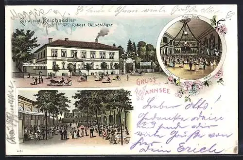 Lithographie Berlin-Wannsee, Restaurant Reichsadler mit Gartenlokal und Ballsaal