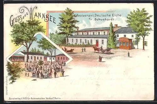 Lithographie Berlin-Wannsee, Gasthaus Deutsche Eiche v. F. Schuchardt mit Gartenlokal, Pferdekutsche