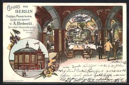 Lithographie Berlin, Bahnhof Alexanderplatz, Sedan Panorama Restaurant mit Innenansicht