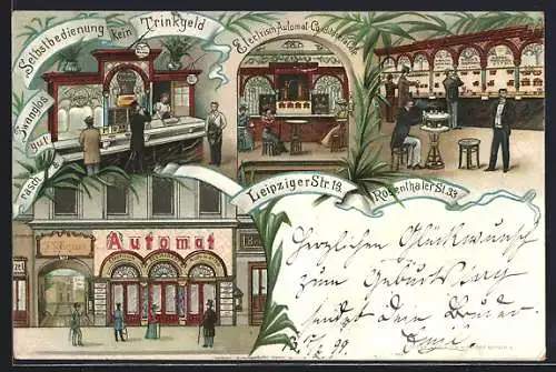 Lithographie Berlin, Elektrisch. Automat-Café, Leipziger Strasse 13 und Rosenthaler Strasse 33