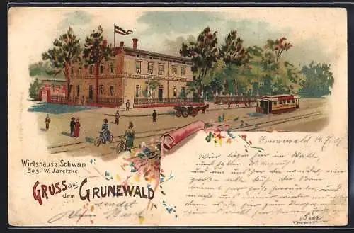 Lithographie Berlin-Grunewald, eine Strassenbahn vor dem Wirtshaus Schwan