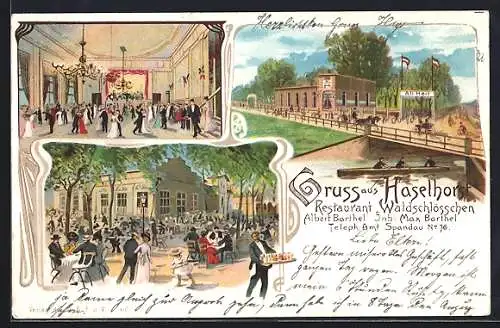 Lithographie Berlin-Haselhorst, Am Restaurant Waldschlösschen, tanzende Gäste