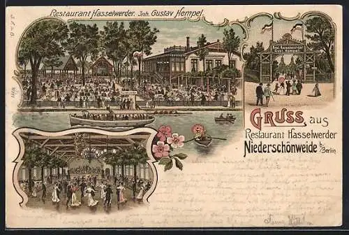 Lithographie Berlin-Niederschöneweide, Restaurant Hasselwerder, Aussen- und Innenansicht, Eingang