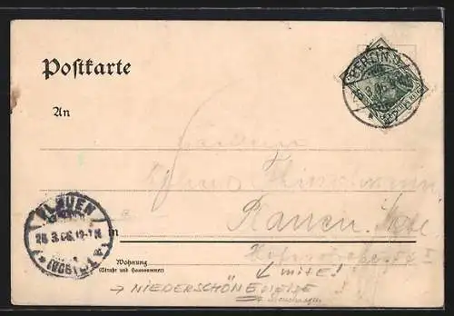 Lithographie Berlin-Niederschöneweide, Restaurant Hasselwerder, Aussen- und Innenansicht, Eingang