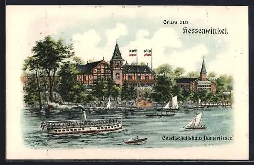 Lithographie Berlin-Hessenwinkel, Restaurant Gesellschaftshaus Dämeritzsee mit Dampfer