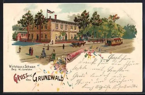 Lithographie Berlin-Grunewald, eine Strassenbahn vor dem Wirtshaus Schwan