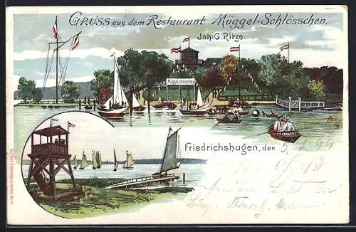 Lithographie Berlin-Friedrichshagen, Restaurant Müggel-Schlösschen v. G. Ritze, Aussichtsturm, Segelboote, Ruderboot