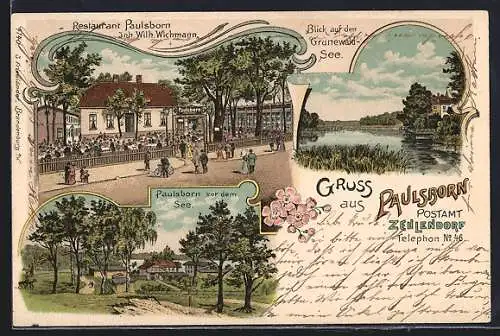 Lithographie Berlin-Zehlendorf, Restaurant Paulsborn mit Garten und Grunewald-See