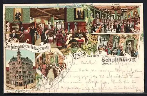 Lithographie Berlin, Gasthof Bier-Palast der Schultheiss-Brauerei, Behrenstrasse Ecke Friedrichstrasse